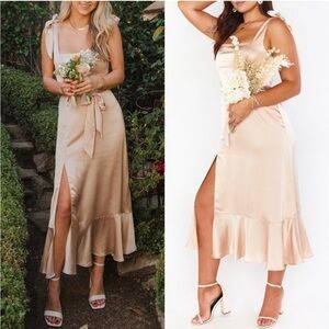 Show Me Your Mumu Claire Midi Dress in Champagne Luxe Satin AS IS